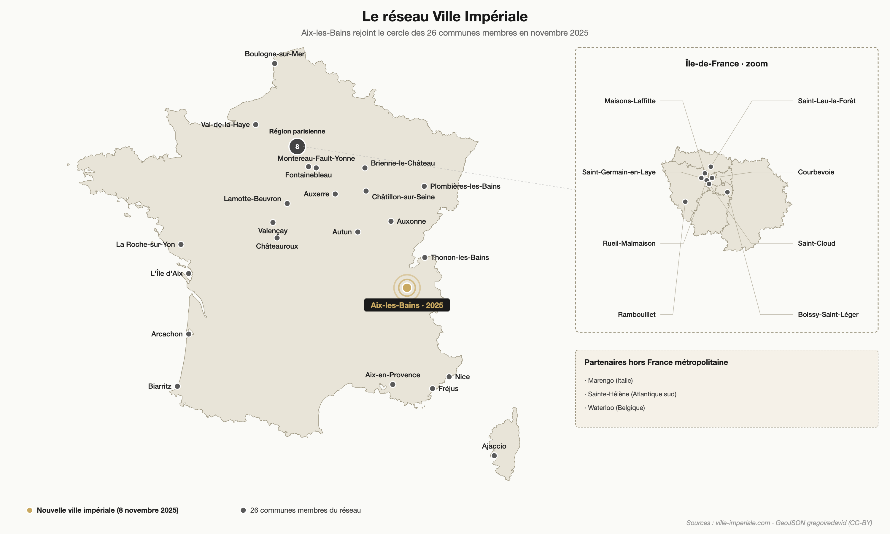 Map of the 26 Imperial Towns in France: Aix-les-Bains joins Biarritz, Nice, Compiègne, Fontainebleau and the other member communes of the Imperial Town network
